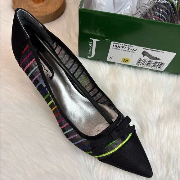 NWT Anthropologie Black Heels with Multicolor Stripes - Picture 9 of 10